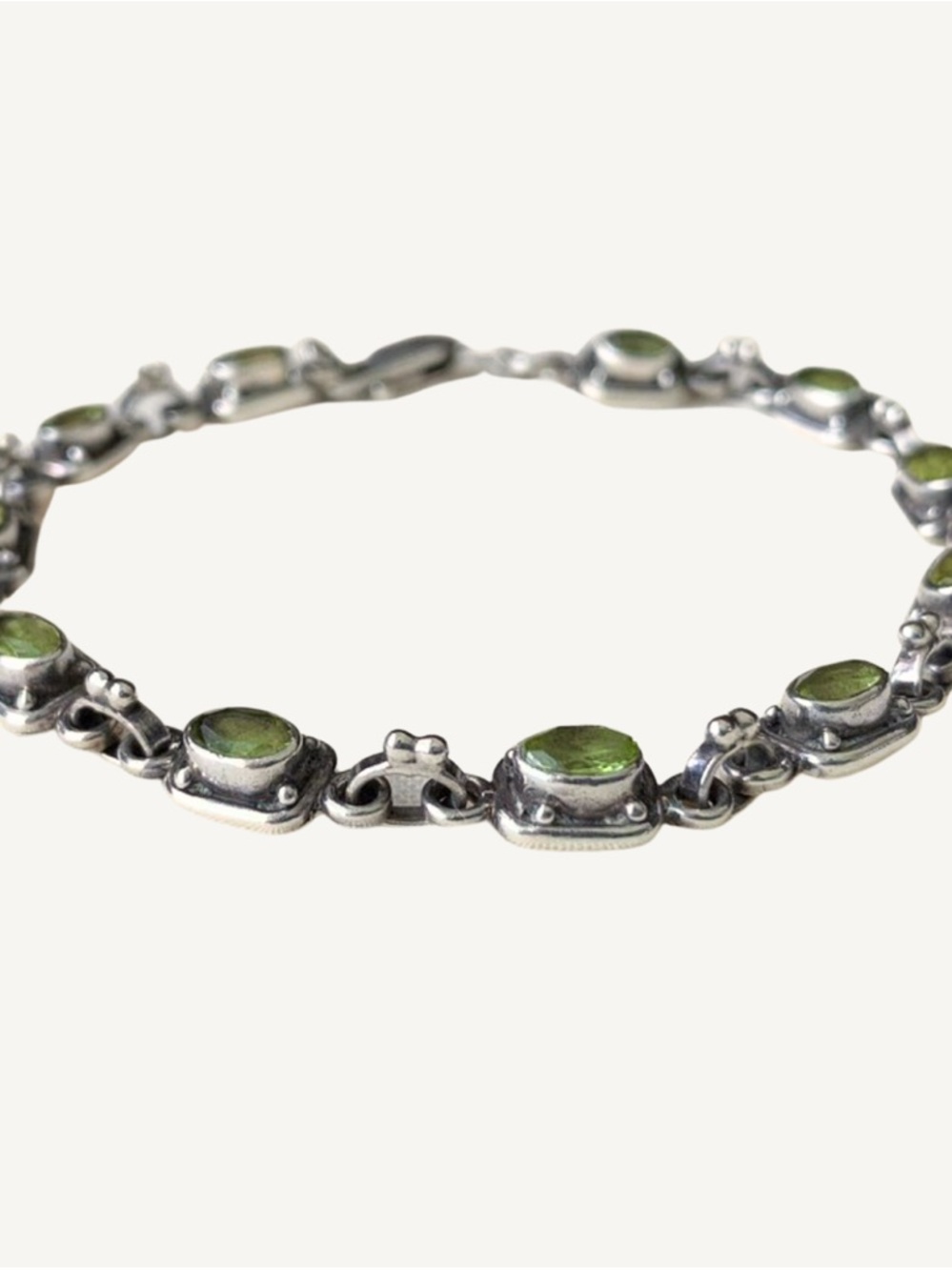 Peridot Gemstone Sterling Silver Link Modernist Bracelet - 7.5” w/ 11 gemstones - Picture 2 of 5